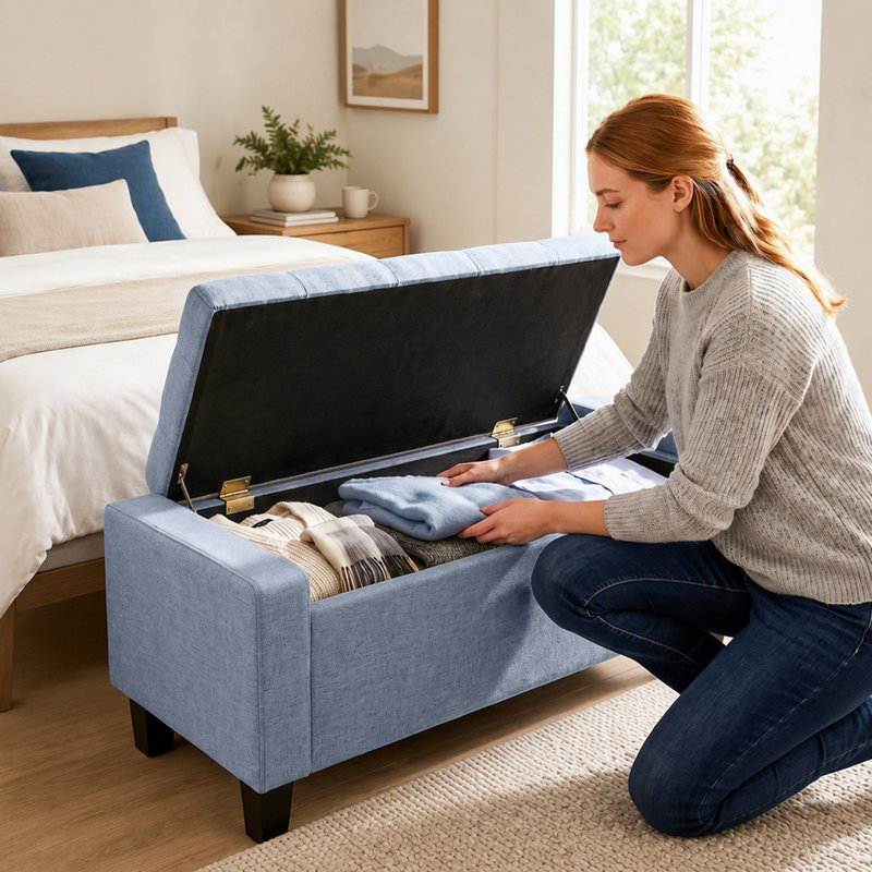 Banc ottoman de rangement en tissu capitonné avec accoudoirs et pieds en bois, Gris foncé
