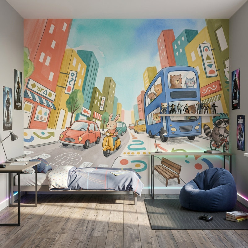 Décoration murale amovible pour enfants Playful City, 140 po x 108 po, Texturé non collé