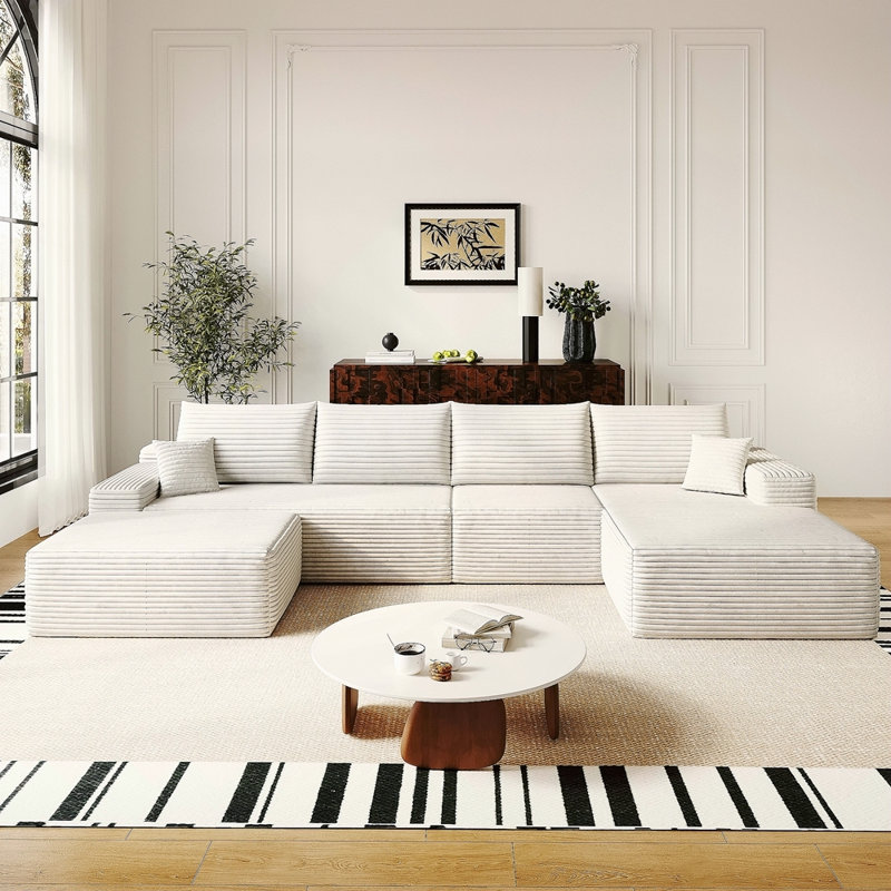 Canapé modulaire 135 po avec 1 repose-pieds Cloud, canapé rembourré minimaliste moderne pour le salon, canapé d'angle à assise profonde, aucun assemblage requis (tissu en velours côtelé moelleux), blanc