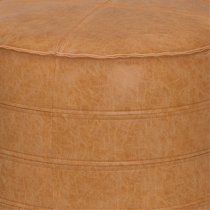 Brody 20 inch Wide Round Pouf in Distressed Brown Vegan Leather, 14" H x 20" W x 20" D