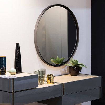 Miroir mural rond de 24 pouces pour salle de bain - Verre de 4 mm de diamètre non déformé, cadre en aluminium rouillé, conception incassable, support d'installation en alliage, montage simple