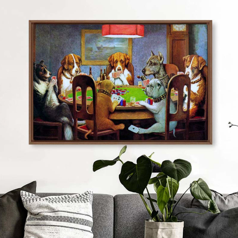 Chiens jouant au poker - Cadre flottant, reproduction d'art sur toile, H 16 po x l 24 po x P 2 po, Brun