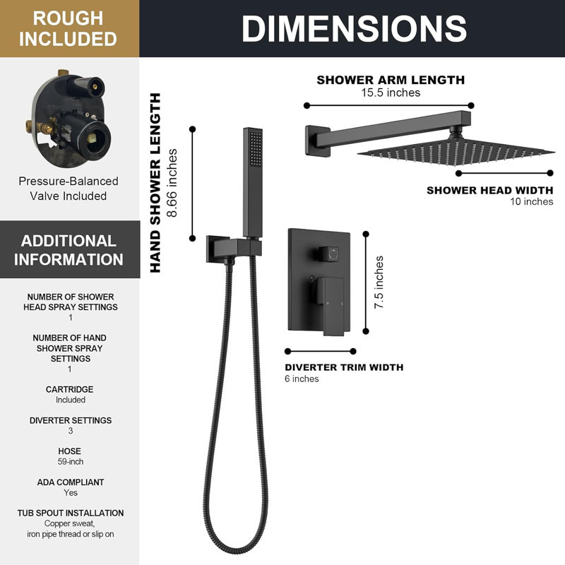 LAVA ODORO Modern Square Shower System With Rainfall Shower Head And Handheld Spray, Pressure Balance Valve, All-Metal Construction, Diverter Trim Kit For Consistent Temperature Control