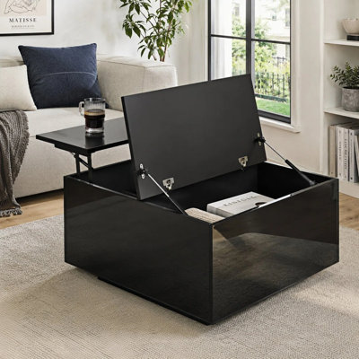 Alpena 75x75x40cm High Gloss Square Coffee Table with Lift Top and Flip Storage,Black