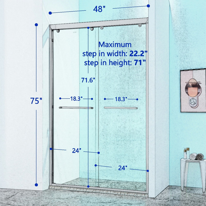 44-48"W X 75"H Double Sliding Shower Door, Aluminium Alloy Frame, 5/16" (8Mm) Thick SGCC Tempered Clear Glass., Shower Door