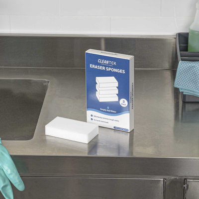 Restaurantware Melamine Sponge 3 Count 4.7 x 2.52 Inches Plastic Stain Remover Cleaning Sponge White Non-Abrasive Surface Cleaner Versatile Wall and Floor Cleaning
