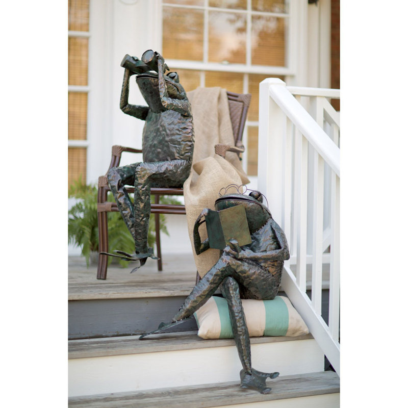 Statue de jardin grenouille en métal fabriqué à la main avec des jumelles