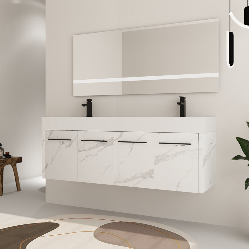 Ivinghoe 60" Bathroom Vanity with Sink, 60 Inch Floating Vanity, Double Sink Wall Mounted Vanity Combo, Modern Bathroom Vanity Set with 4 Doors and Resin Basin Sink