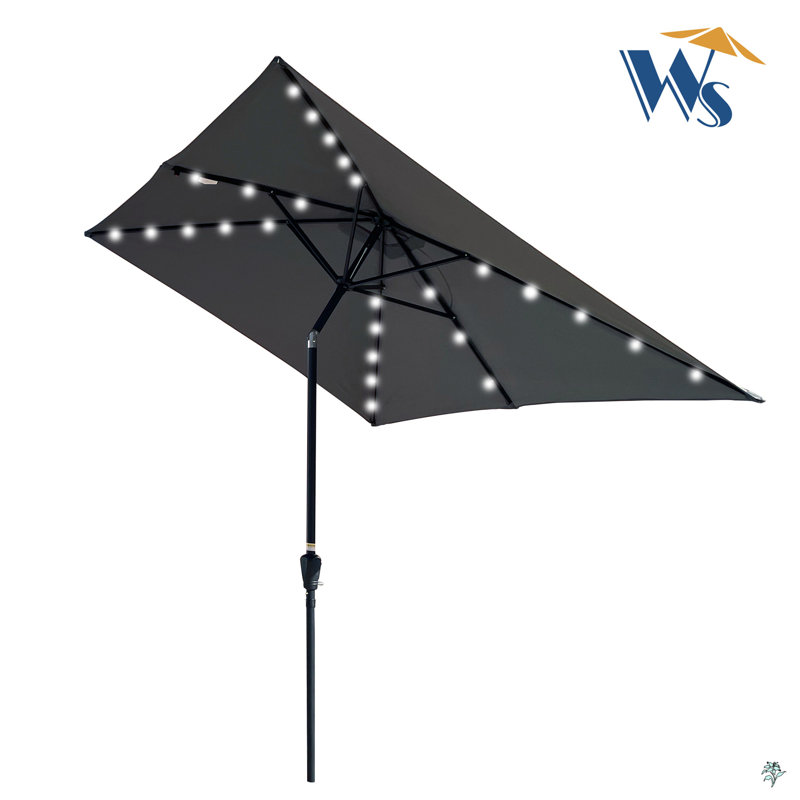 Rectangular Patio Solar LED Lighted Outdoor Umbrellas With Crank And Push Button Tilt, Anthracite