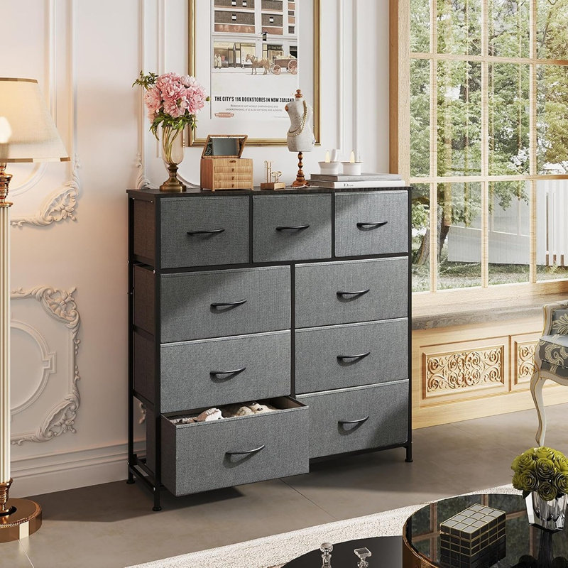 Grande commode de rangement moderne à 9 tiroirs - Commode de chambre élégante au fini gris foncé