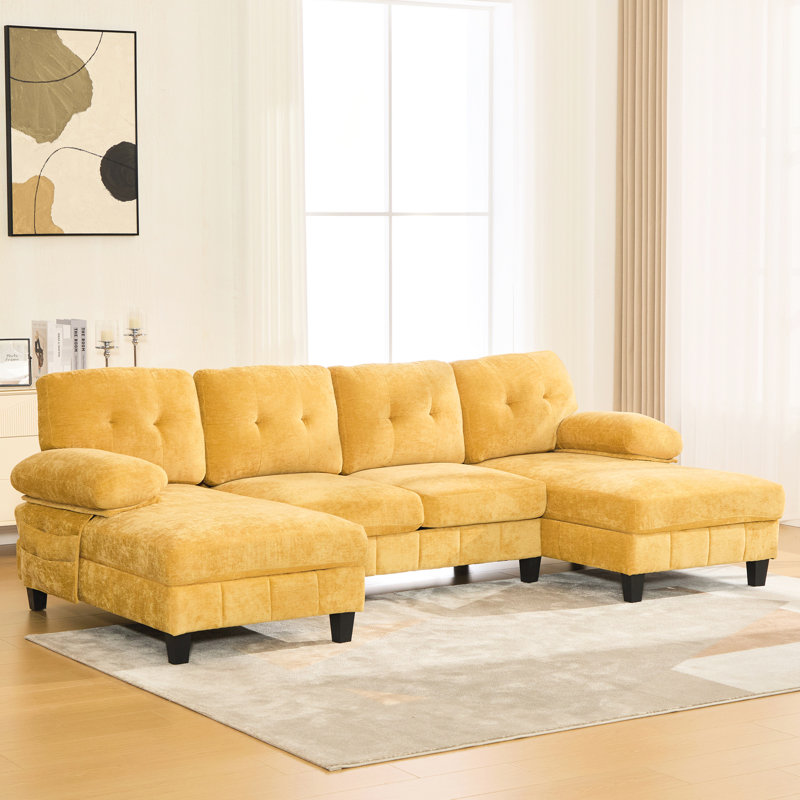 U-Shaped For Living Room Luxury And Comfort With Dual Chaise Lounges, Storage Compartments, Armrest Pillow Feature In Yellow Chenille Sectional Side Function, Soft Cushions Party Nights