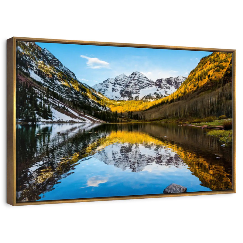 Maroon Bells Mountain Scene, Floating Frame Gold, 31" X 21"