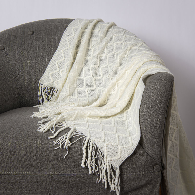 Cozy Ivory Textured Diamond Knitted Throw 50" x 60"