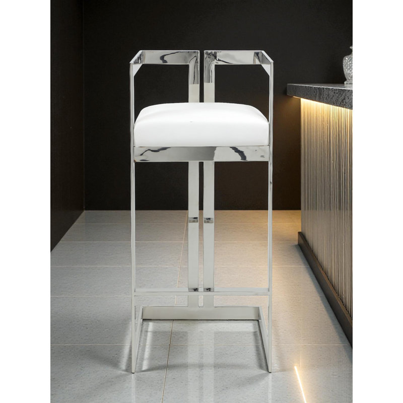 Tabouret de bar avec repose-pieds Kenzie, Argent argent, Simili cuir blanc, Tabouret de bar (siège d'une hauteur de 29,5 po)
