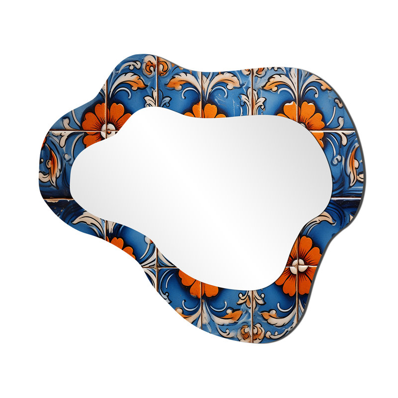 Floral boho blue and orange Tile Mosaic 3 - Boho Mosaic Asymmetrical Decorative Mirror, Blue Cloud Wall Mirror, Printed Metal Art
