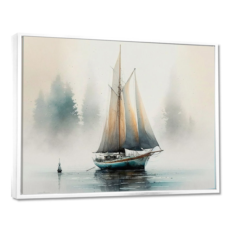 Voilier ancré - art sur toile de bateau côtier, 30" H x 40" W, Cadre flottant blanc