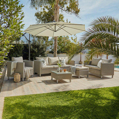 Mounah 7 Seater Rattan Garden Sofa Set with Cream Lean Over Parasol