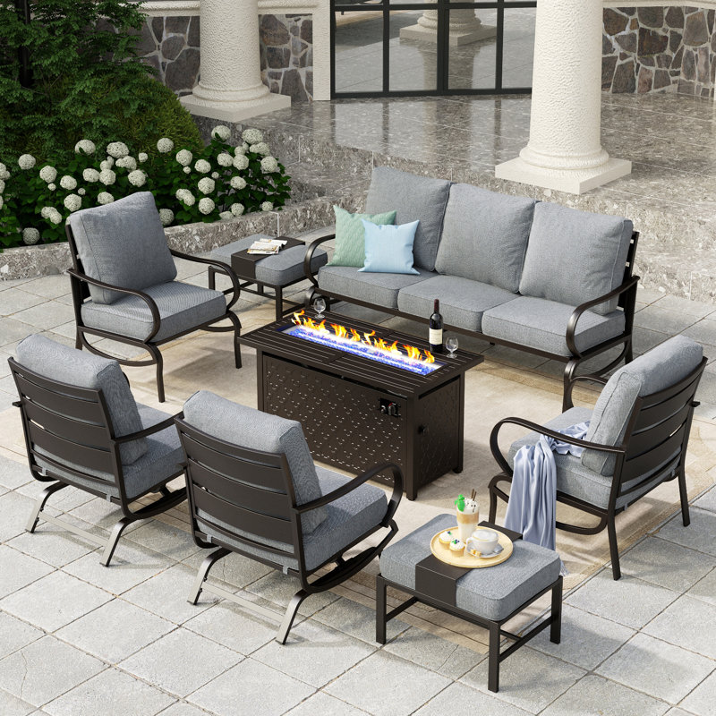 Ensemble de conversation de patio pour 9 personnes Tapasi avec chaises longues berçantes et table de foyer optionnelle, Oui