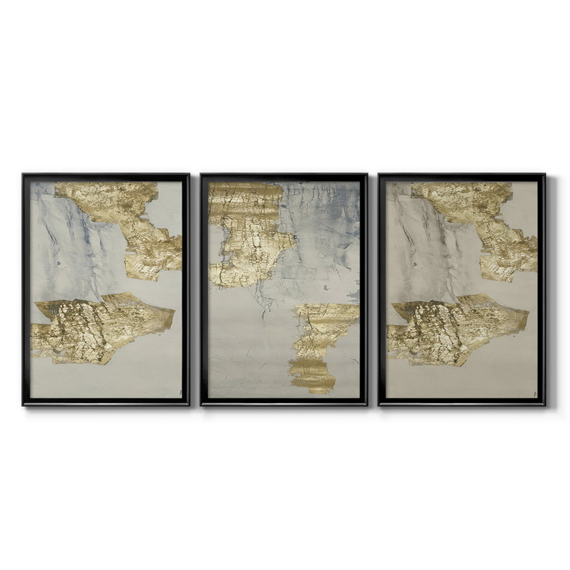 Imprimé ravin indigo doré V - Toile tendue avec châssis encadré - 3 pièces, H 19 po x l 27 po, Noir
