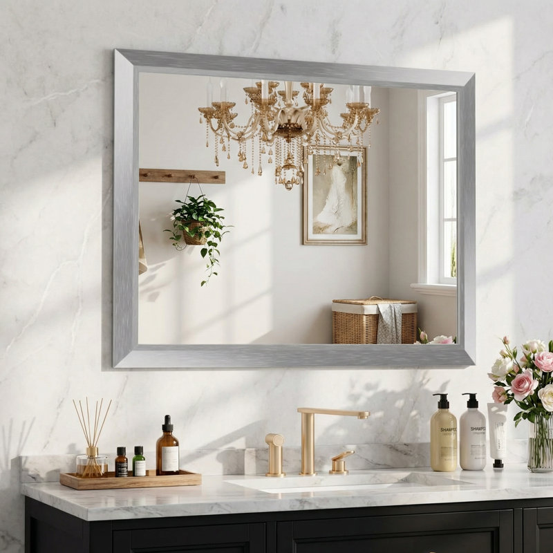 Lunara Belveled Edged Accent Rectangular Bathroom Wall Mirror with Tempered Glass & Rust-proof Aluminimn Framed, Silver