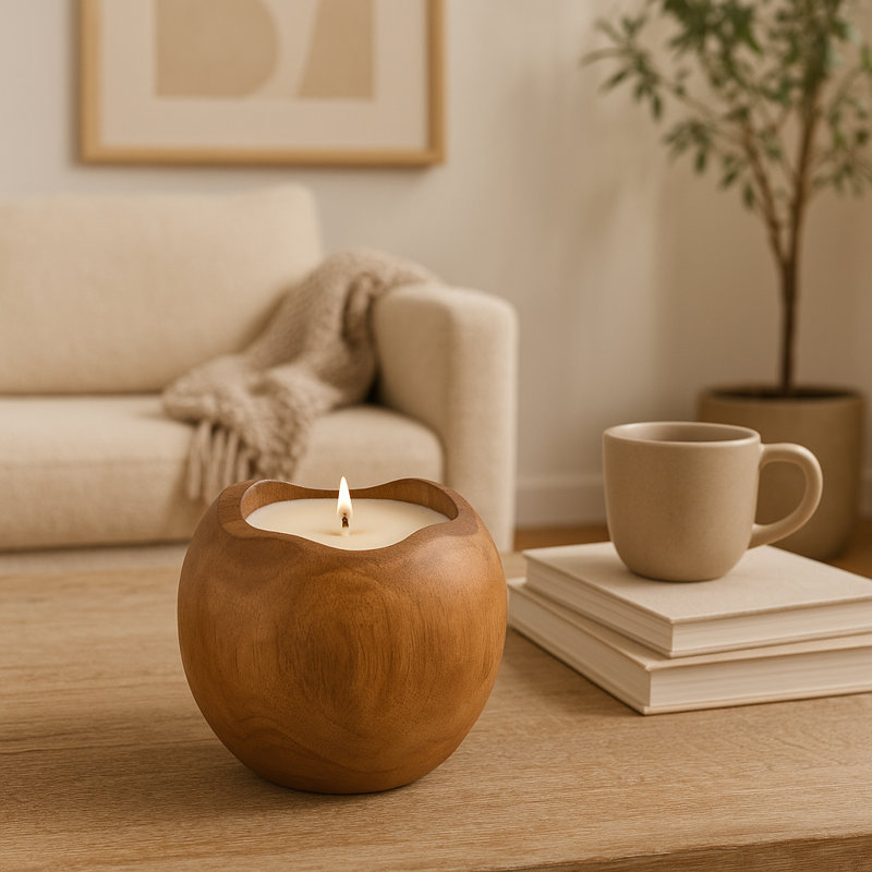 Natural Teak Wood 8" Round Candle - Warm Indoor Ambiance