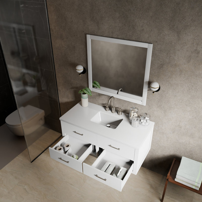 Meuble-lavabo simple l 48 po x P 22 po et miroir 43 po Castor, Blanc, Quartz blanc