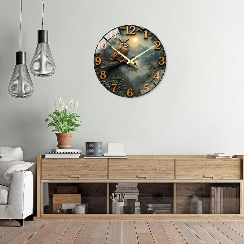 Owl Home Wall Clock Art - 24‘’ Modern Glass Wall Clock