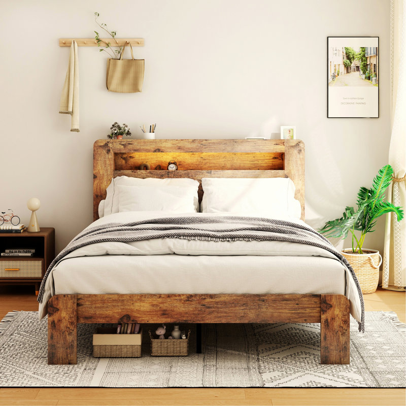 Cadre de lit moderne pour chambre à coucher, chambre d'amis, cadre de lit pour chambre à coucher, lit plateforme en bois avec tête de lit à DEL avec rangement et 2 ports USB