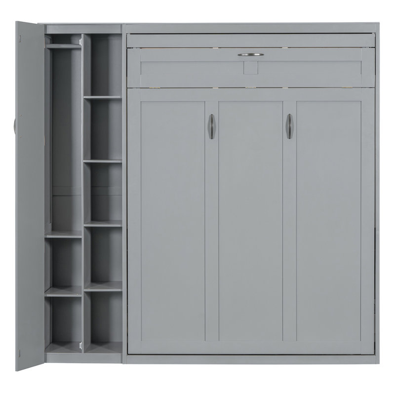  Lit escamotable mural Murphy avec tablettes, garde-robe et lumières DEL, gris, Double