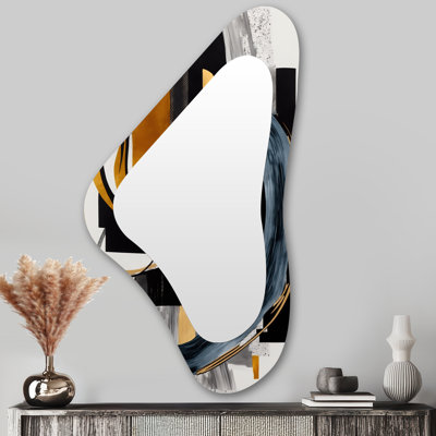 Beauvue Glam Gold And Black Expression II - Abstract Spirals Asymmetrical Unique Wall Mirror Decor, Black Irregular Shape Large Mirror, Printed Metal Art