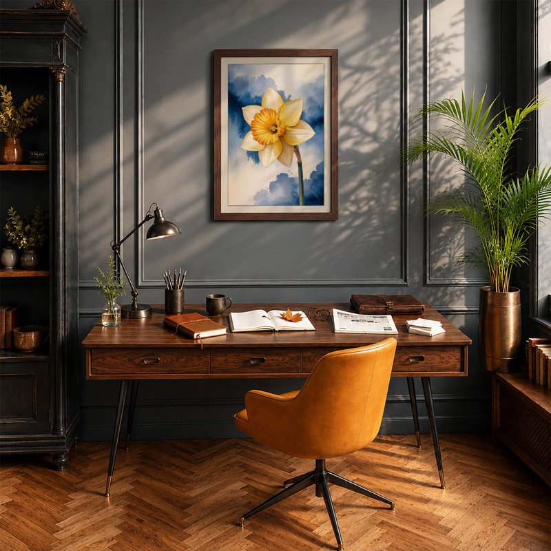 Solitary Daffodil Botanical - Framed Print, Walnut, A4 - 29.7 x 21.0 cm
