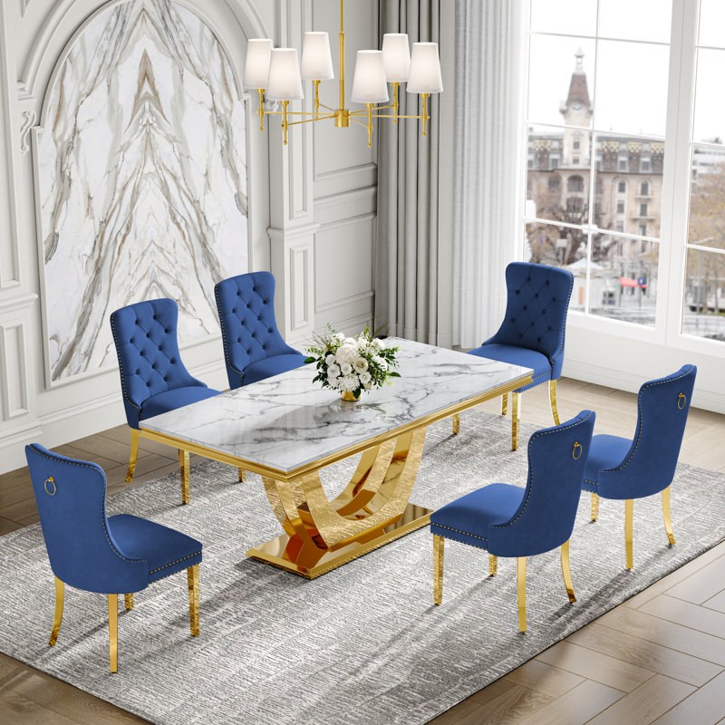 7-Piece Dining Table Set, Marble Veneer MDF Table with 6 Velvet Dining Chairs – Modern Dining Furniture for 6, Blue/Gold
