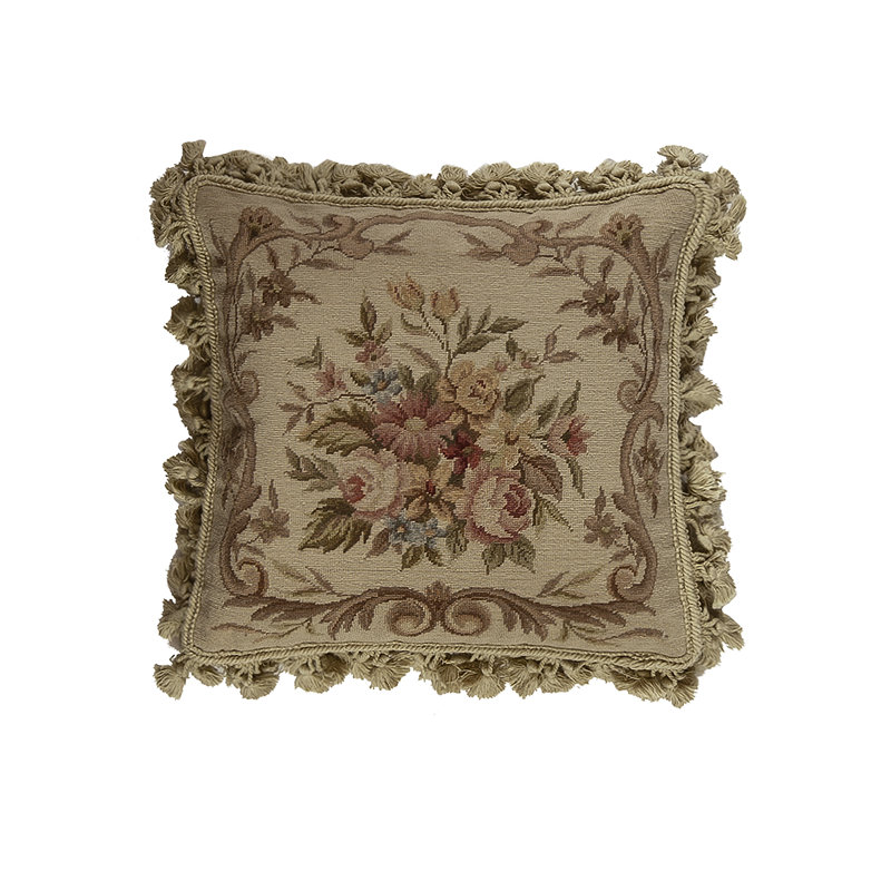 Needlepoint Square Pillow Cover & Insert, Square 16", Cream Floral