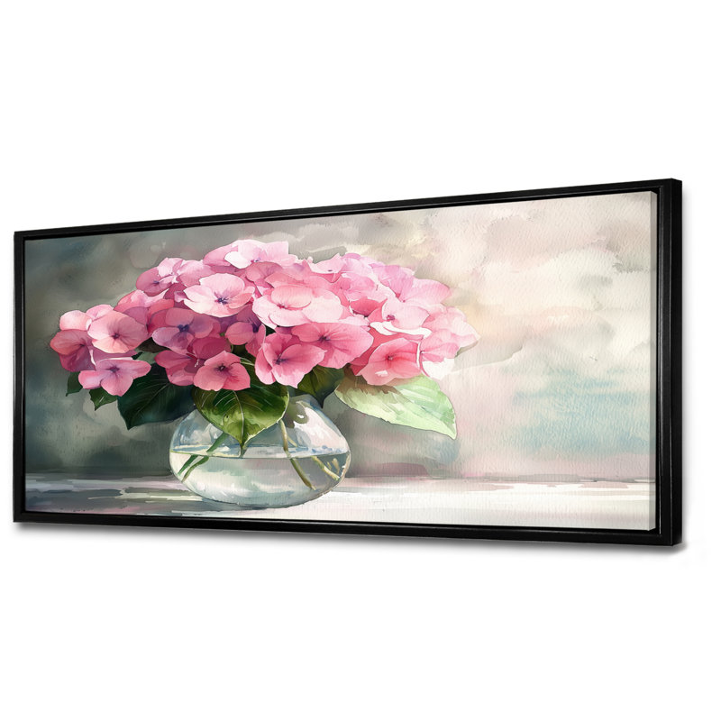 Hortensias dans un vase en verre III - hydrangées, décoration murale, H 28 po x l 60 po, Impression encadrée flottante
