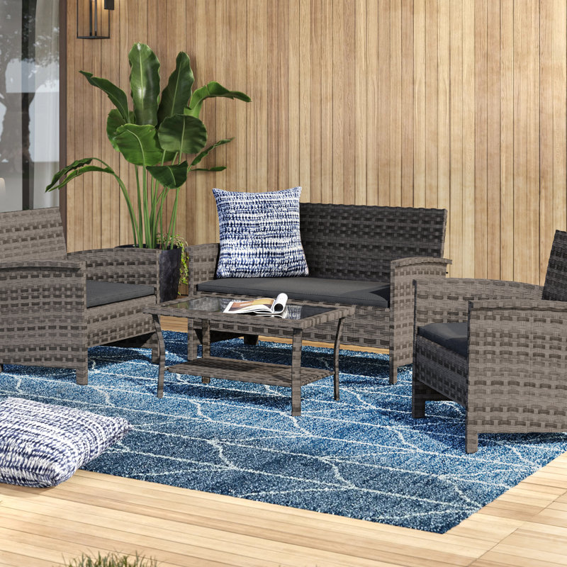 Canapé de conversation en osier pour patio 4 pièces, deux fauteuils et coussins de table inclus - finition gris orage