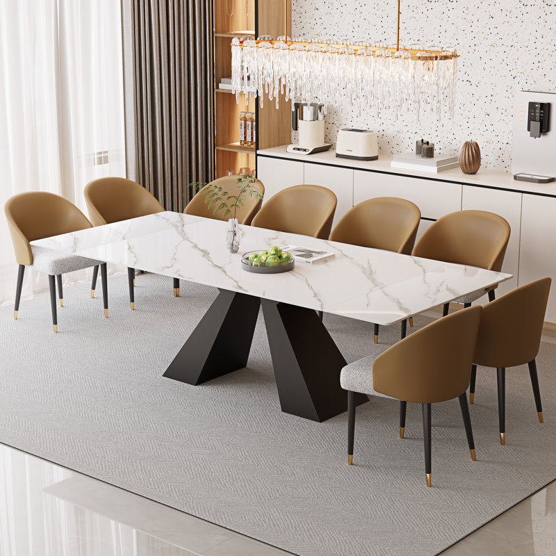94.5”  Extendable Dining Table Set With Rectangular Sintered Stone Top And 8 Faux Leather Chairs, Brown/Gray