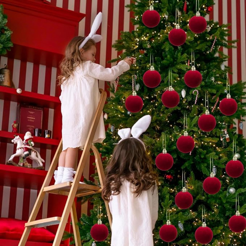Boules de Noël décoratives en velours rouge vin floqué de 9,9 cm (3,9 po), à suspendre au sapin pour les fêtes de fin d'année, lot de 9
