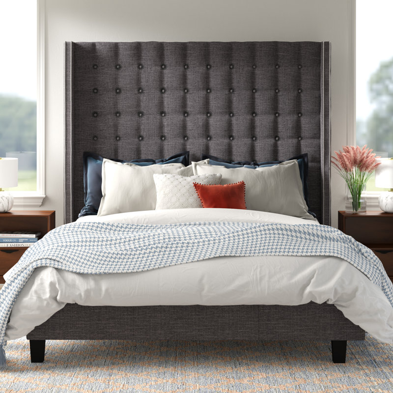 Kaster Upholstered Wingback Bed, Heathered Dark Grey Linen, Queen