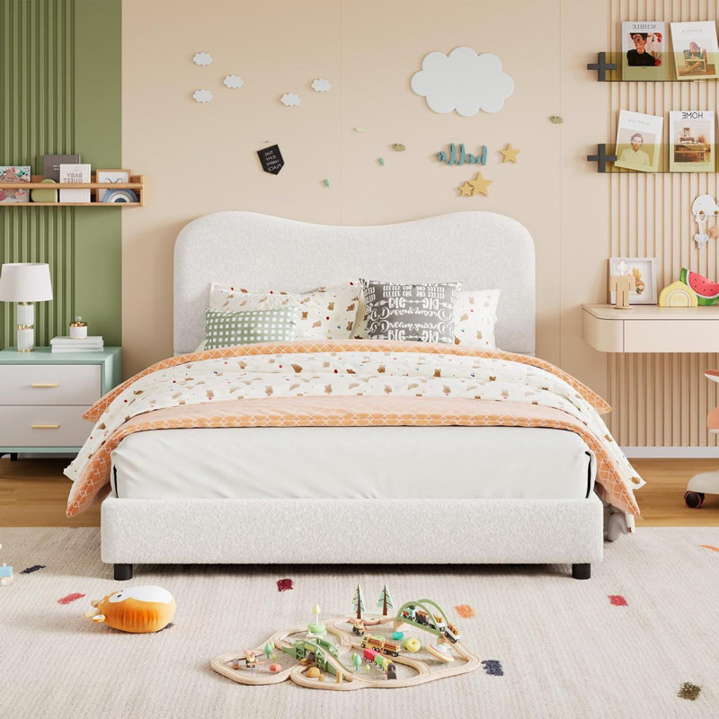 Low Profile Sturdy Platform Bed, With Velvet Upholstered Headboard, Strong Wooden Slats, Beige, Twin