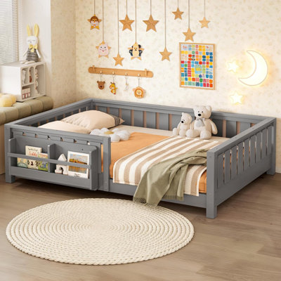 Lit sur pied Montessori avec garde-corps et tablettes de rangement, double, gris