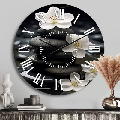 Zen Serenity White Flowers Black Stone Cairn - Spiritual Stone White Face Wall Clock