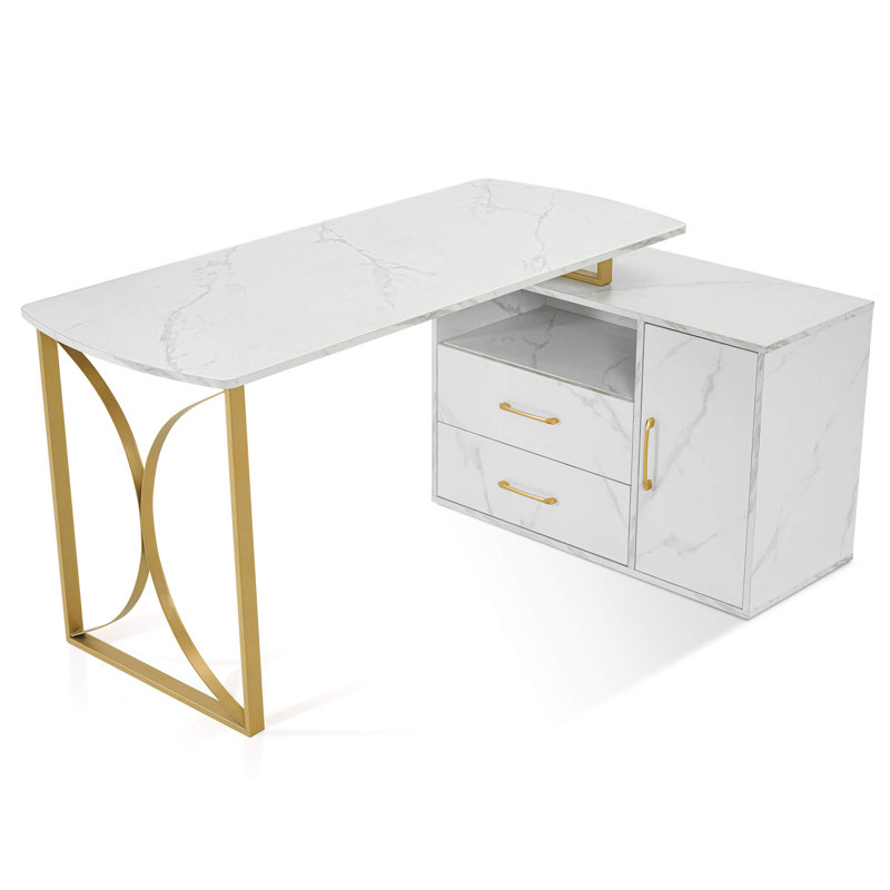 L-Shaped Writing Corner Desk, Computer Desk with Drawer and Cabinet, White/Gold