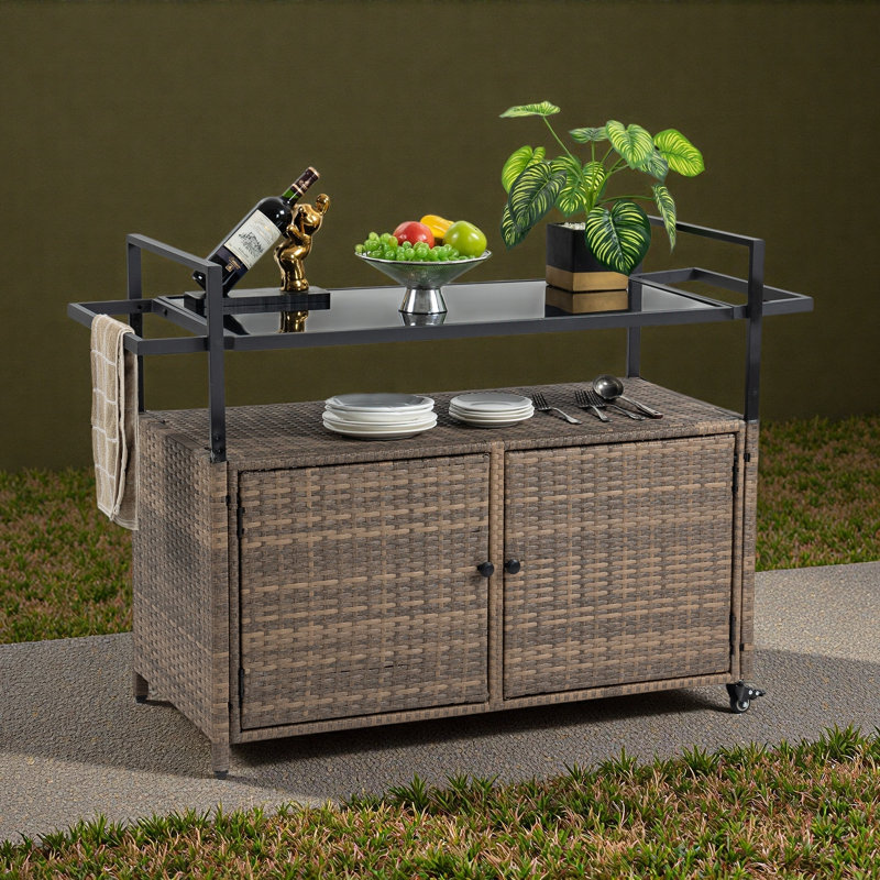 Outdoor Wicker Bar Cart, Patio Wine Serving Cart W/Wheels , Rolling Rattan Beverage Bar Counter Table W/Glass Top For Porch Backyard Garden Poolside Party