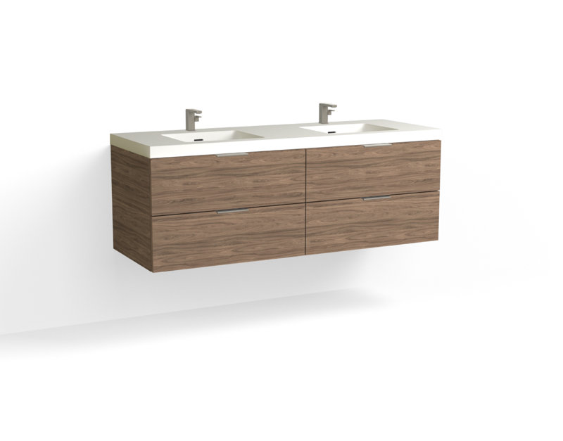 Avila 60" W Wall Mounted Double Bathroom Vanity, Matte White/Single, Nocino, Satin Brass
