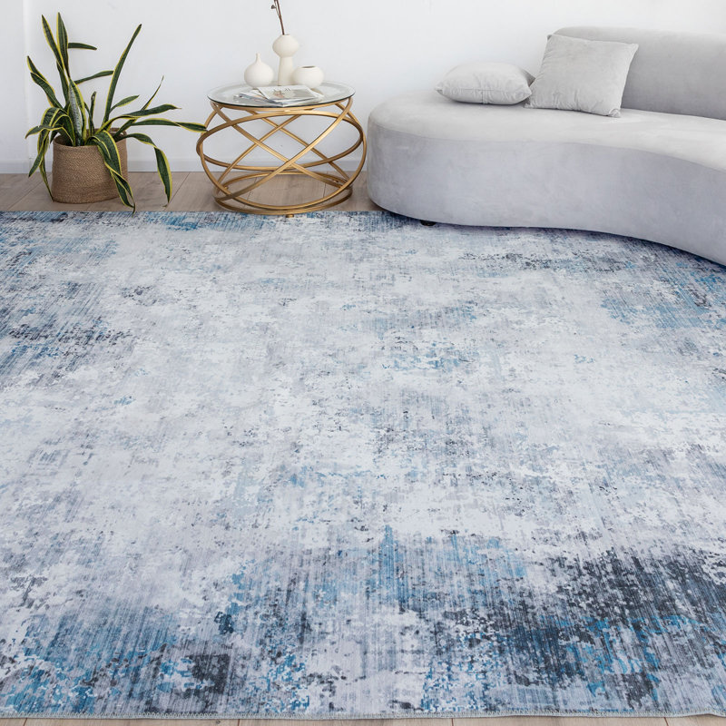Blue/White Machine Washable Modern Abstract Polyester Area Rug, Rectangle 9' x 12'