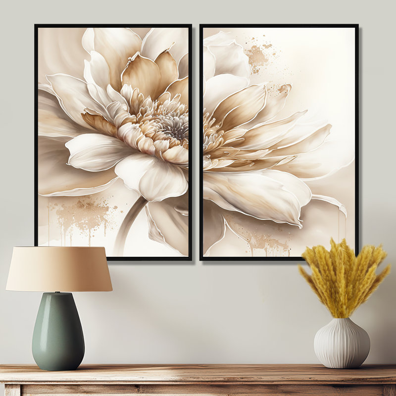 Fleur beige simple III - décoration murale beige 2 pièces, H 36 po x l 48 po, Reproduction encadrée sans passe-partout, Noir