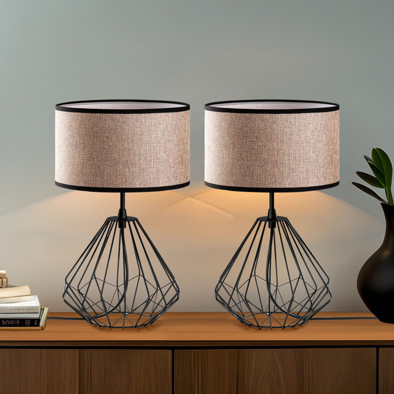 Ensemble de lampes de table industrielles (2 pièces), corps en métal noir, 9,8 x 9,8 x 16,9 pouces | Capuchon en tissu, diamètre de 9,8 po, longueur du câble: 78,7 po | Interrupteur marche / arrêt, douille E27 (40 W maximum), éclairage élégant pour la maison et le bureau