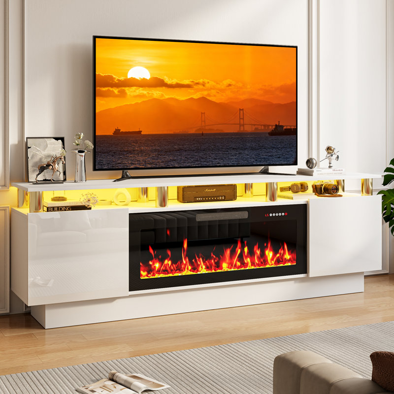 Meuble télé avec foyer électrique Alazik, Blanc / Doré, Noir, 24”H x 14”L x 70”W