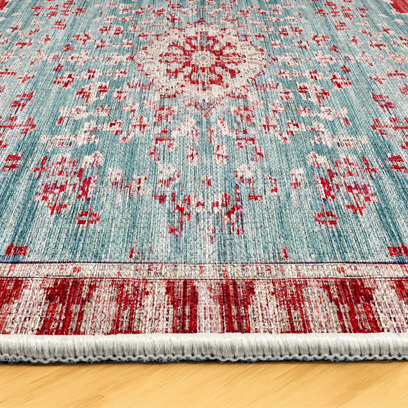 Motto Blue Red Oriental Machine Printed Cotton Polyester Area Rug, Rectangle 5'3" x 7'3"