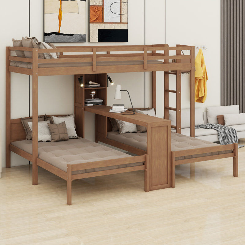 Lit superposé en bois 3 en 1 avec bureau intégré, tablettes de rangement et lampe de lecture, Naturel